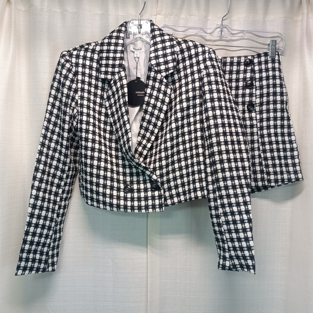 Mittoshop Plaid Tweed Blazer Shorts Set Black White Cropped Suit Womens S Office - Picture 1 of 12